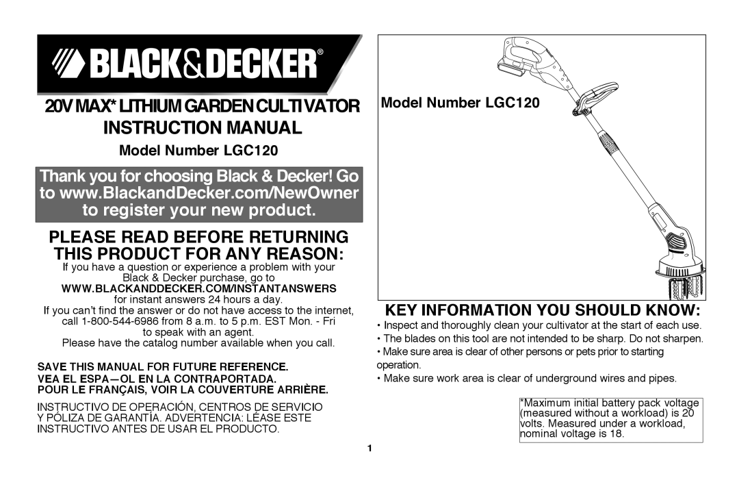Black & Decker instruction manual Instructionmanual, 20VMAX*LITHIUMGARDENCULTIVATOR, Model Number LGC120 